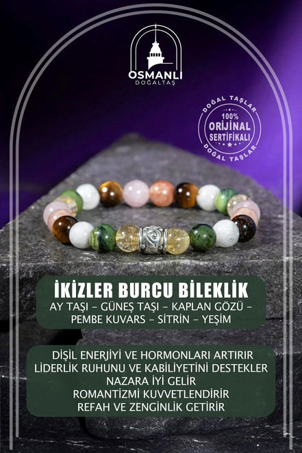 İkizler Burcu Bileklik Ay Taşı, Güneş Taşı, Kaplan Gözü, Pembe Kuvars, Sitrin, Yeşim