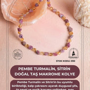 Sertifikalı Pembe Turmalin, Sitrin Doğal Taş Makrome Kolye (SK:090)