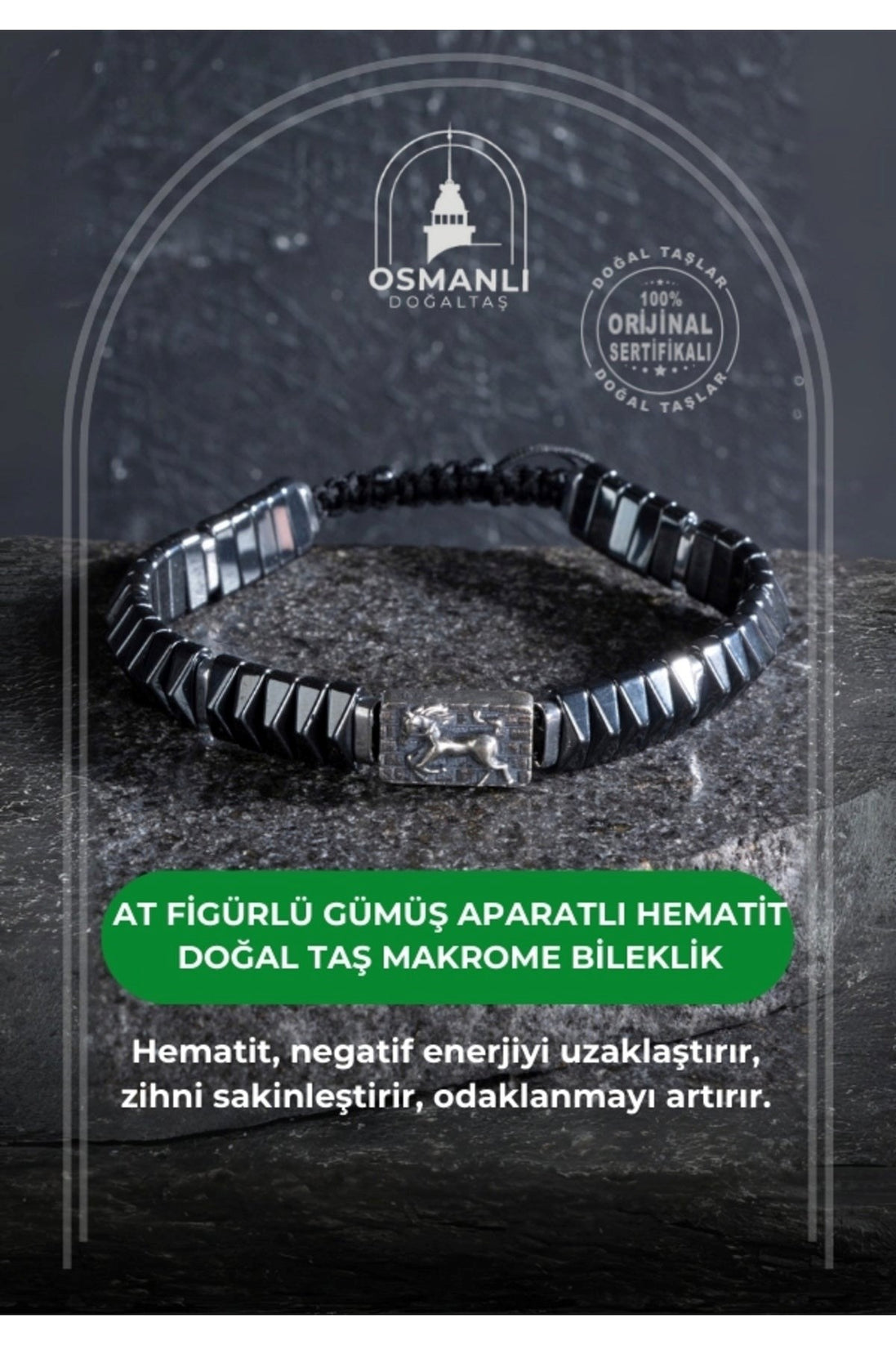 Sertifikalı At Figürlü Gümüş Aparatlı Hematit Doğal Taş Makrome Bileklik