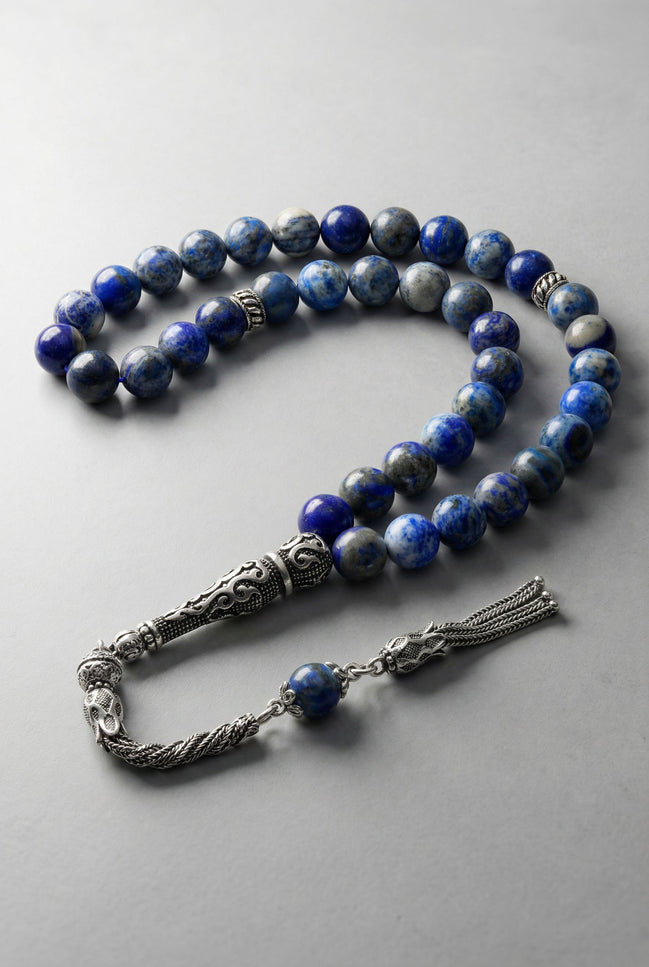 Lapis Lazuli Doğal Taş Tesbih – 925 Ayar Gümüş – 8 mm Küre Kesim