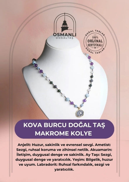 Kova Burcu Doğal Taş Makrome Kolye