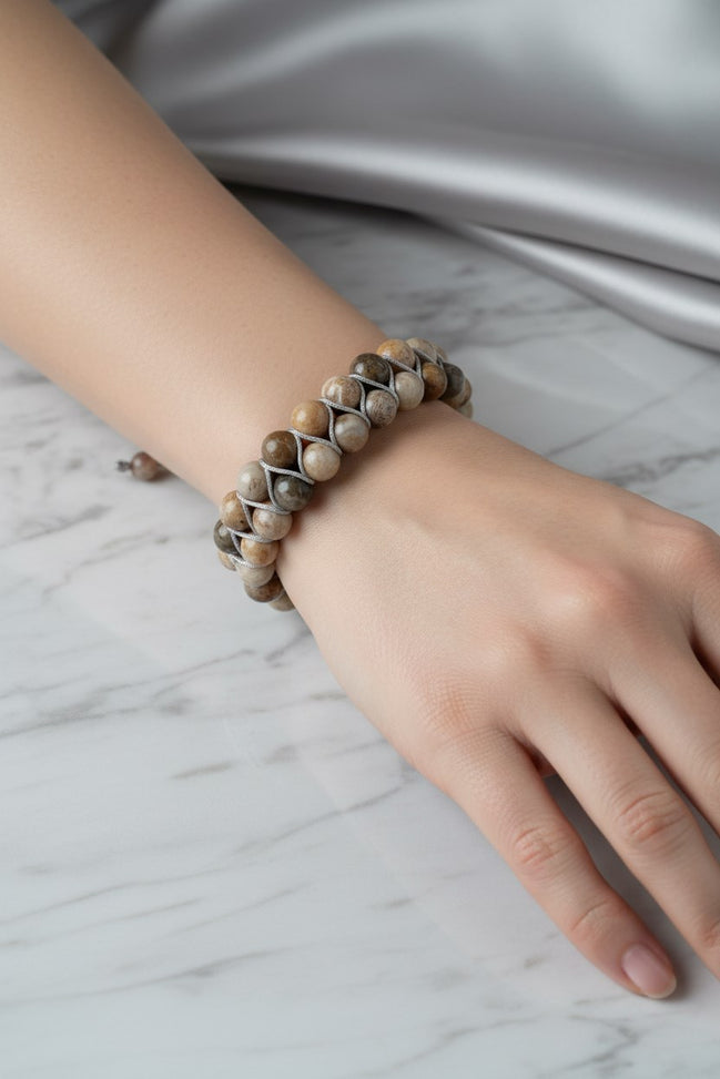 Fosil Mercan 8 mm Çift Sıra Makrome Doğal Taş Bileklik