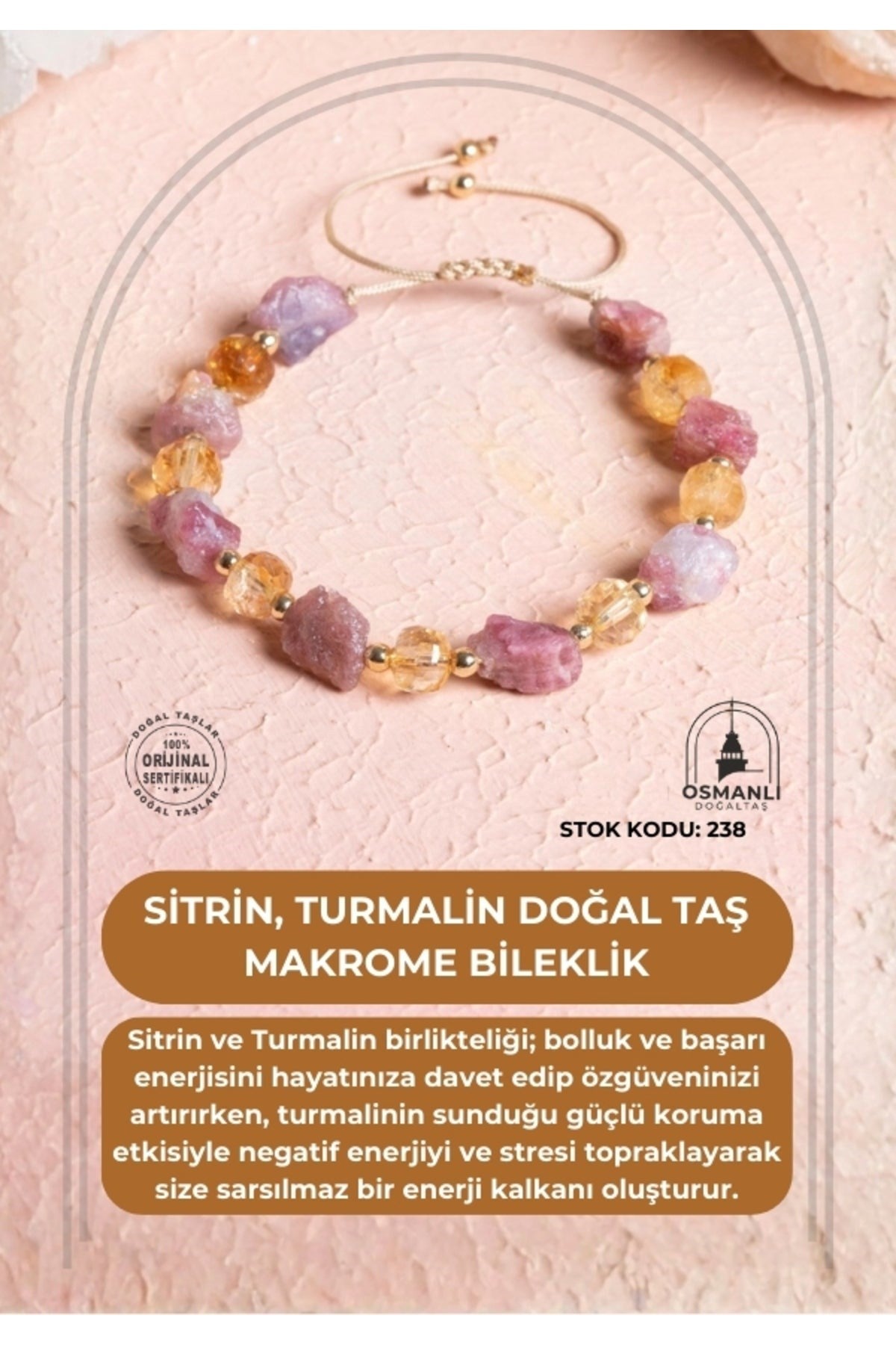 Sertifikalı Sitrin, Turmalin Doğal Taş Makrome Bileklik (SK:238)
