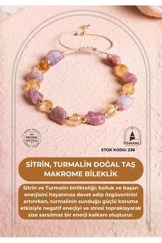 Sertifikalı Sitrin, Turmalin Doğal Taş Makrome Bileklik (SK:238)