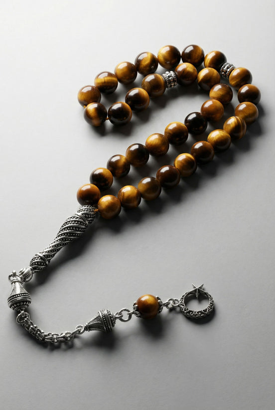 Kaplan Gözü Doğal Taş Tesbih – 925 Ayar Gümüş – 8 mm Küre Kesim