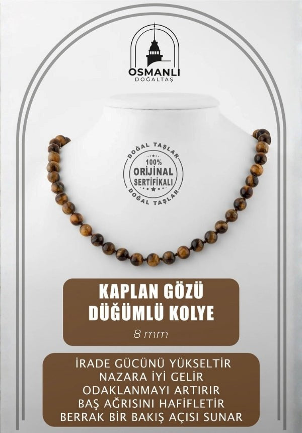 Kaplan Gözü 8 mm Düğümlü Doğal Taş Kolye