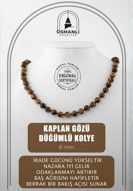 Kaplan Gözü 8 mm Düğümlü Doğal Taş Kolye