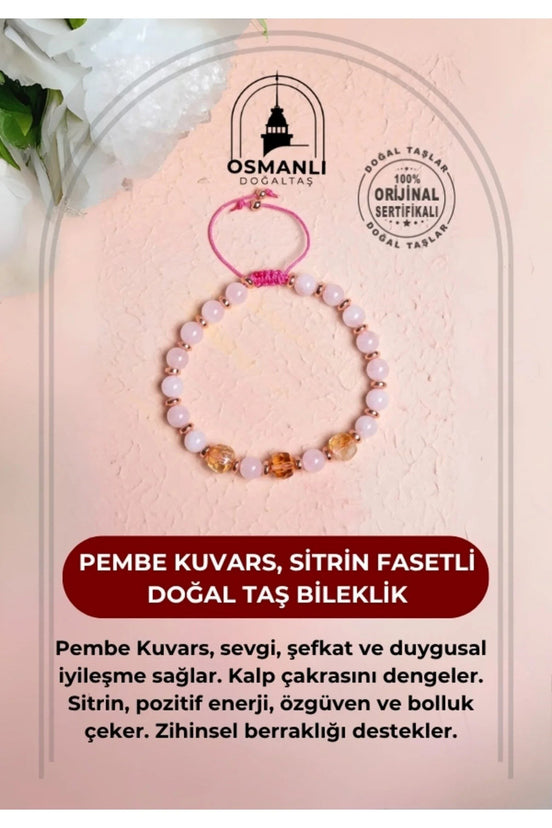 Pembe Kuvars ,Sitrin Fasetli Doğal Taş Bileklik