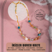 İkizler Burcu Kolye Ay Taşı, Güneş Taşı, Kalsedon, Kiyanit, Mavi Apatit, Pembe Kuvars, Yeşil Aventurin