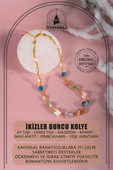İkizler Burcu Kolye Ay Taşı, Güneş Taşı, Kalsedon, Kiyanit, Mavi Apatit, Pembe Kuvars, Yeşil Aventurin