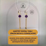 Ametist Doğal Taşlı Zincir Detaylı Gümüş Küpe