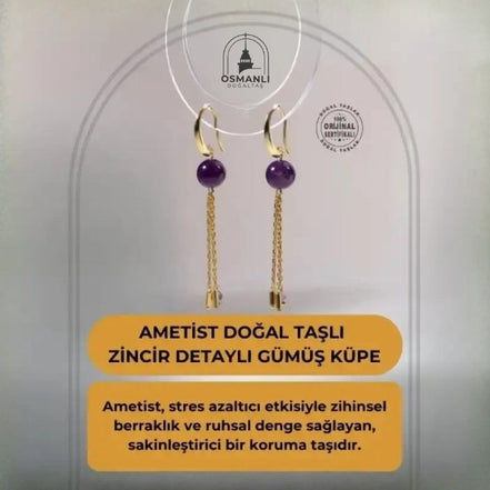 Ametist Doğal Taşlı Zincir Detaylı Gümüş Küpe