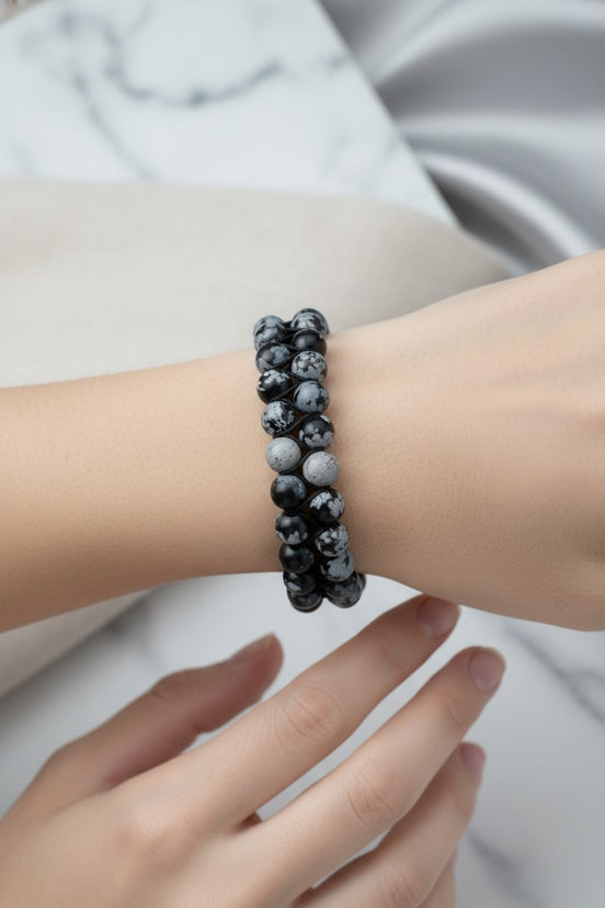 Karlı Obsidyen 8 mm Çift Sıra Makrome Doğal Taş Bileklik
