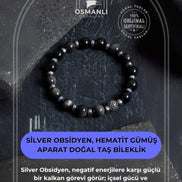 Sertifikalı Silver Obsidyen, Hematit Gümüş Aparat Doğal Taş Bileklik