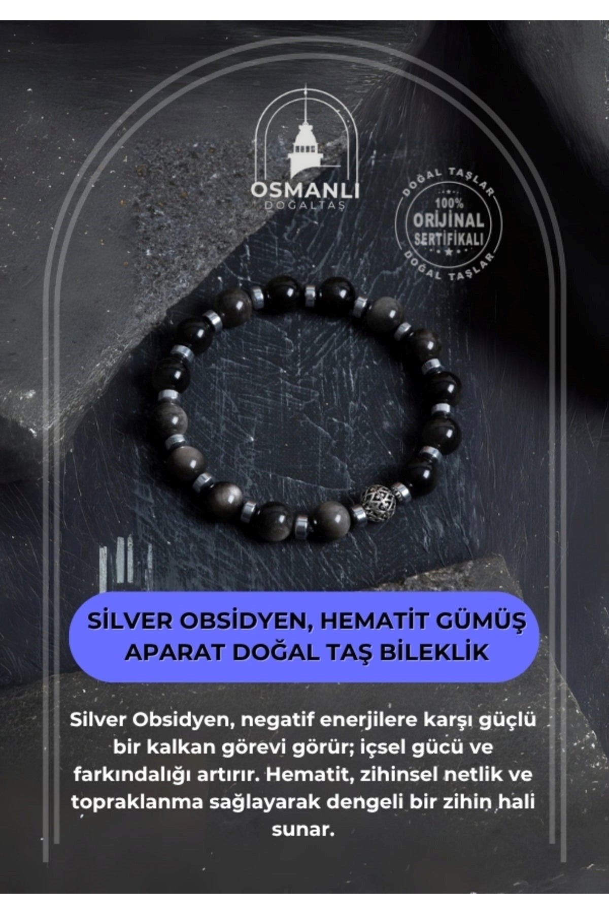 Sertifikalı Silver Obsidyen, Hematit Gümüş Aparat Doğal Taş Bileklik
