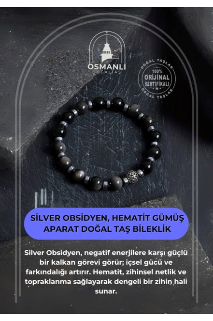 Sertifikalı Silver Obsidyen, Hematit Gümüş Aparat Doğal Taş Bileklik