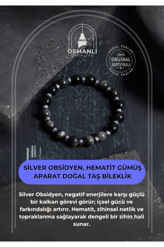 Sertifikalı Silver Obsidyen, Hematit Gümüş Aparat Doğal Taş Bileklik