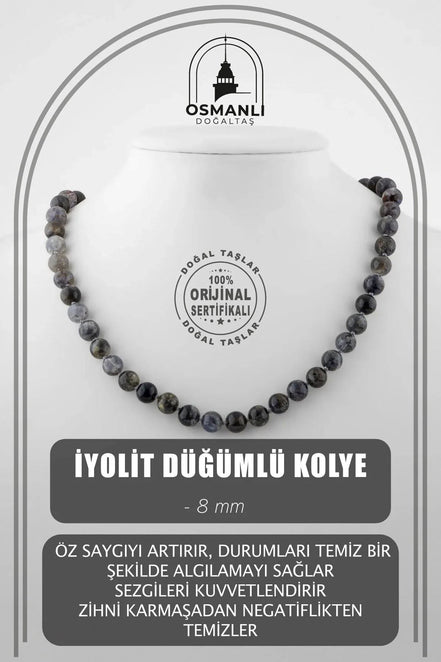İyolit 8 mm Düğümlü Doğal Taş Kolye