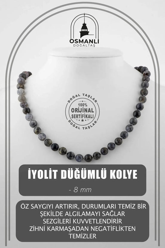 İyolit 8 mm Düğümlü Doğal Taş Kolye