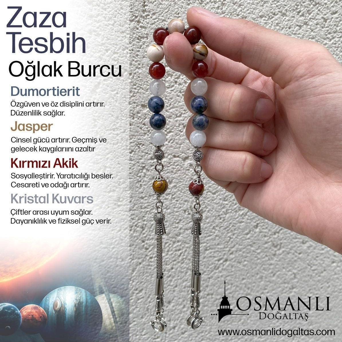Oğlak Burcu Zaza Tesbih Doğal Taş Dumortierit, Jasper, Kırmızı Akik, Kristal Kuvars