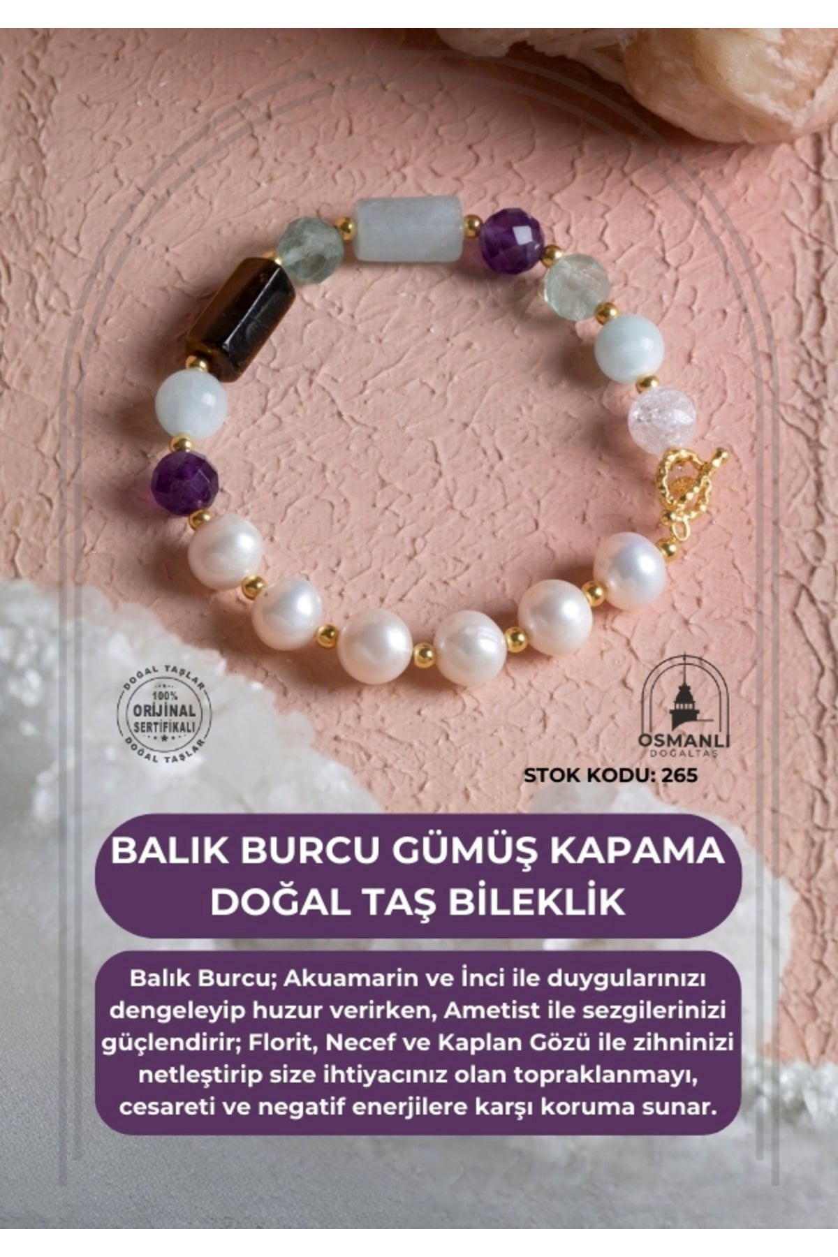 Balık Burcu Gümüş Kapama Doğal Taş Bileklik (SK:265)