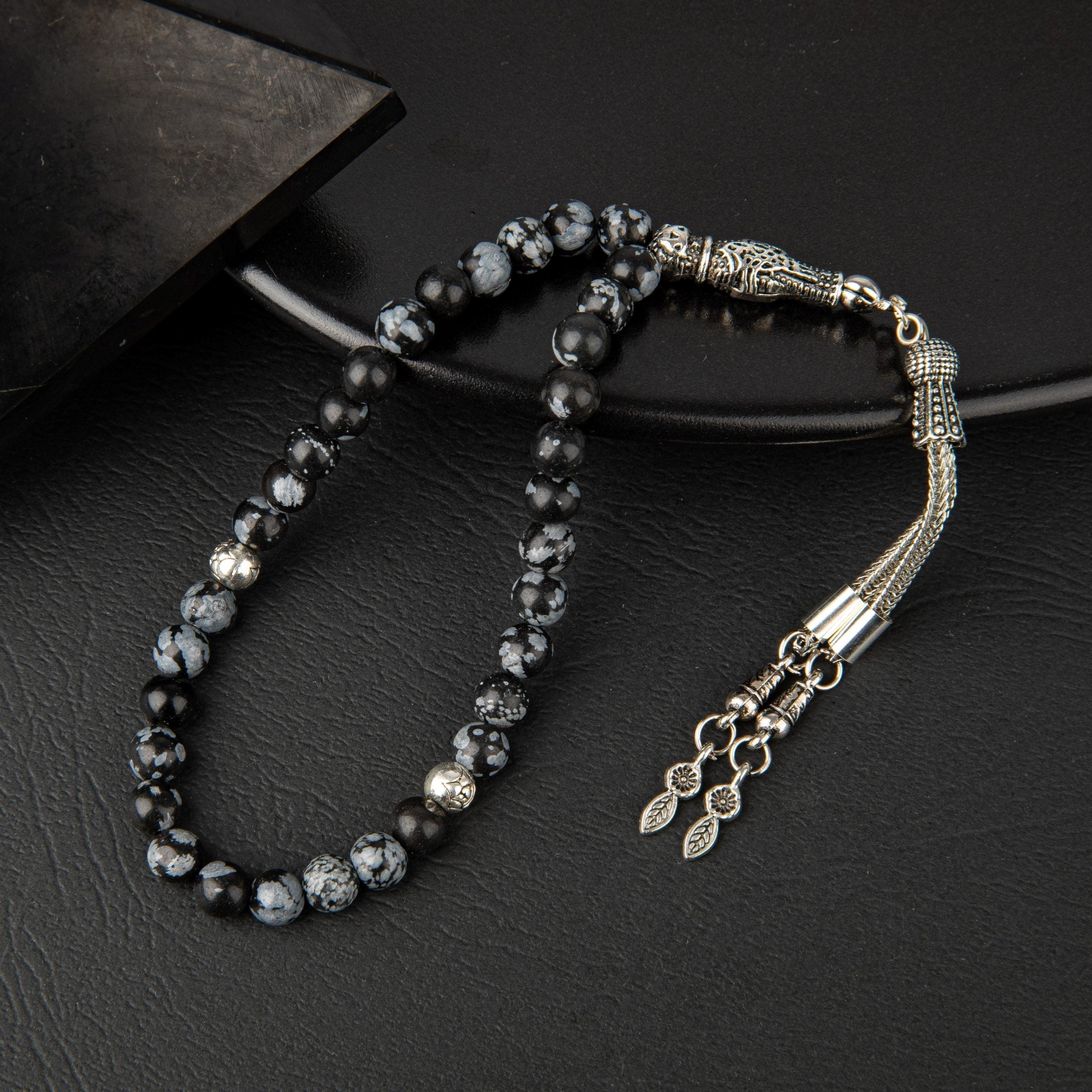 Karlı Obsidyen Doğal Taş Tesbih 33’lük – 6mm El İşçiliği