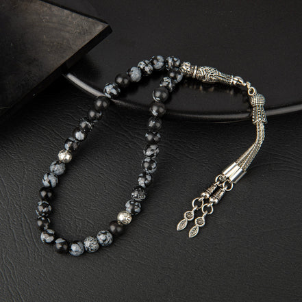 Karlı Obsidyen Doğal Taş Tesbih 33’lük – 6mm El İşçiliği