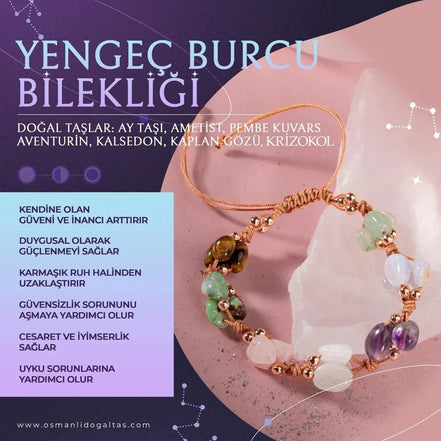 Yengeç Burcu Bileklik Ametist, Ay Taşı, Kalsedon, Kaplan Gözü, Krizopras, Pembe Kuvars, Yeşil Aventurin