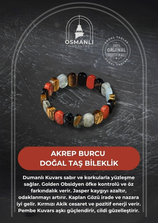Akrep Burcu Bileklik Dumanlı Kuvars, Golden Obsidyen, Jasper, Kaplan Gözü, Kırmızı Akik, Pembe Kuvars