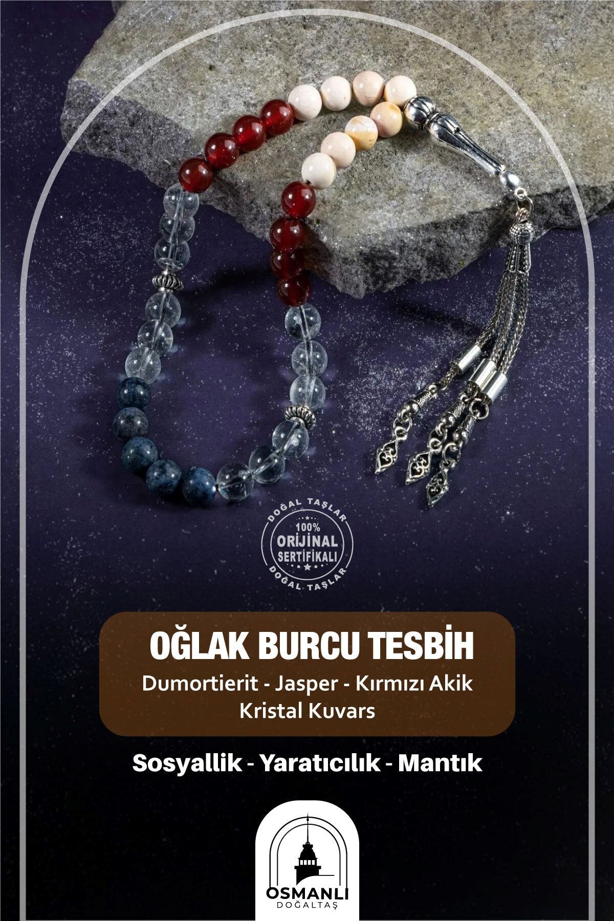 Oğlak Burcu Tesbih Dumortierit, Jasper, Kırmızı Akik, Kristal Kuvars