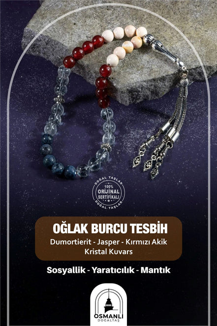 Oğlak Burcu Tesbih Dumortierit, Jasper, Kırmızı Akik, Kristal Kuvars