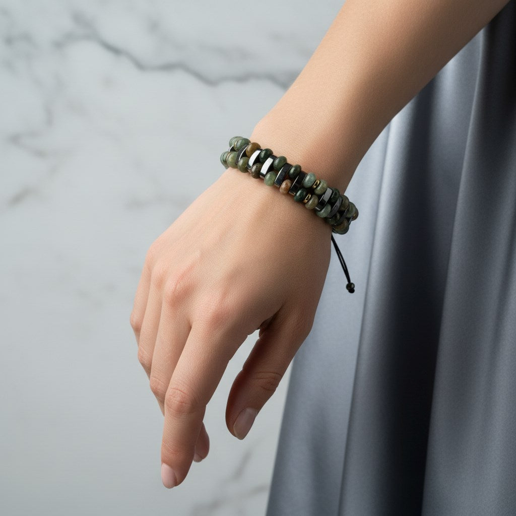 Hint Akiği ve Hematit Doğal Taş Bileklik – Unisex Şık Tasarım