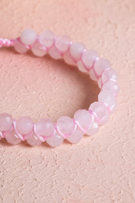 Pembe Kuvars Çift Sıra Doğal Taş Makrome Bileklik (SK:077)