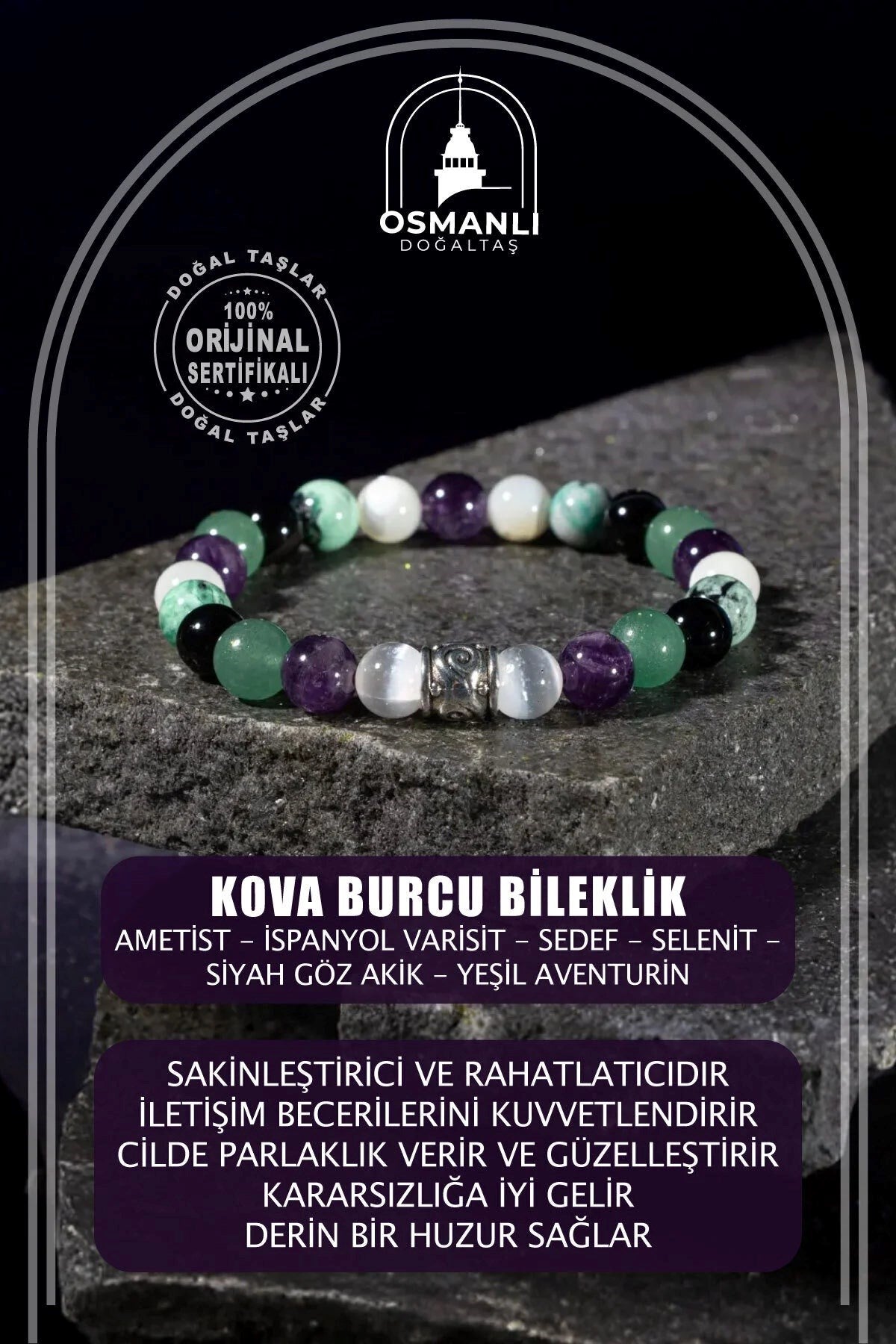 Kova Burcu Bileklik Ametist, İspanyol Varisit, Sedef, Selenit, Siyah Göz Akik, Yeşil Aventurin