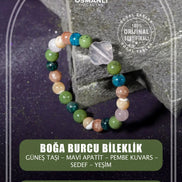 Boğa Burcu Bileklik Güneş Taşı, Mavi Apatit, Pembe Kuvars, Sedef, Yeşim