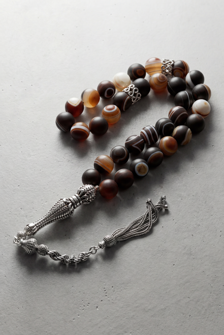 Göz Akik Doğal Taş Tesbih – 925 Ayar Gümüş – 10 mm Küre Kesim