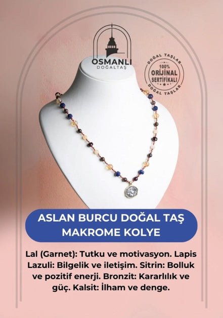 Aslan Burcu Doğal Taş Makrome Kolye