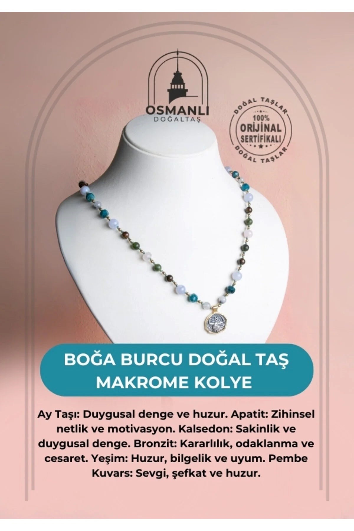 Boğa Burcu Doğal Taş Makrome Kolye