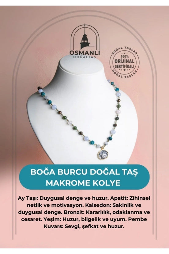 Boğa Burcu Doğal Taş Makrome Kolye