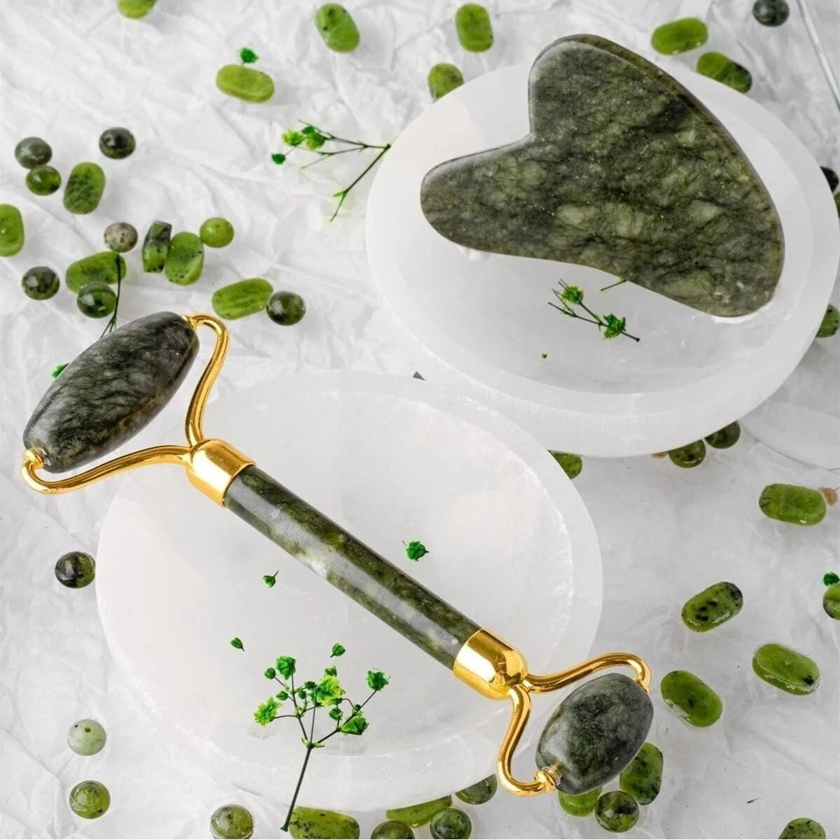 Yeşim Taşı Masaj Takımı - Roller ve Gua Sha Kapli Set