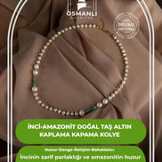İnci-Amazonit Doğal Taş Altın Kaplama Kapama Kolye