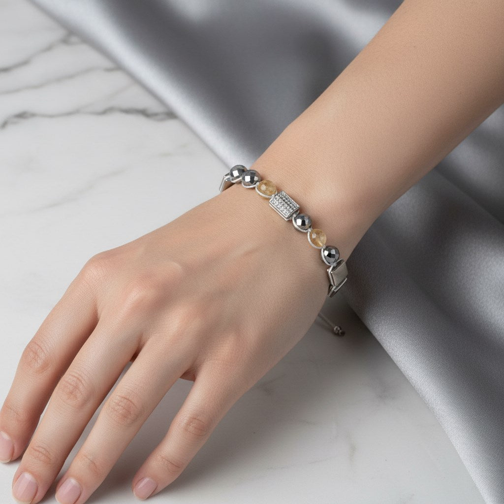 Sitrin, Hematit ve Zirkon Doğal Taş Bileklik – Unisex Şık Tasarım