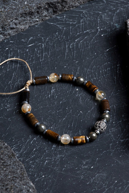 Kaplan Gözü, Pirit, Sitrin, Hematit Zirkon Aparat Doğal Taş Makrome Bileklik