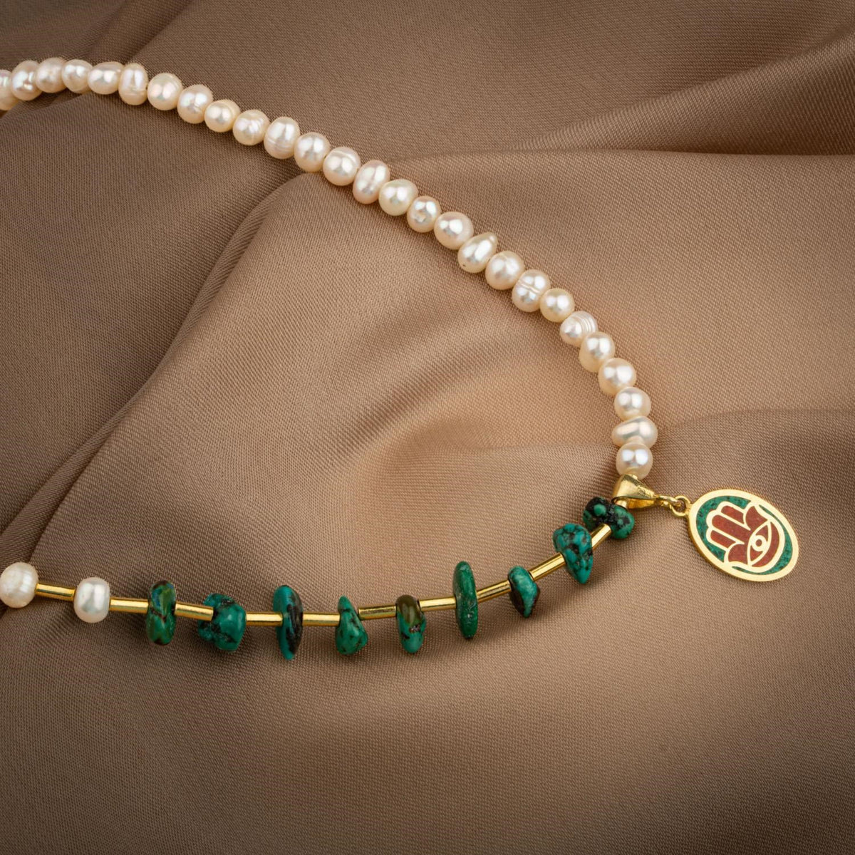 Mozaik Turkuaz (Firuza) Taşlı & İnci Doğal Taş 925 Ayar Gümüş Tasarım Kolye – Özel Tasarım (50 cm)