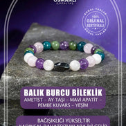 Balık Burcu Bileklik Ametist, Ay Taşı, Mavi Apatit, Pembe Kuvars, Yeşim