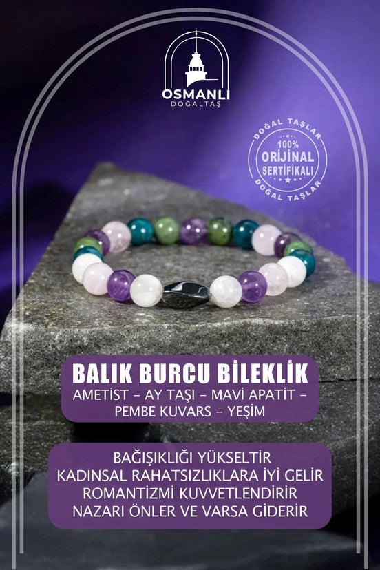 Balık Burcu Bileklik Ametist, Ay Taşı, Mavi Apatit, Pembe Kuvars, Yeşim