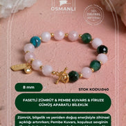 Fasetli Zümrüt & Pembe Kuvars & Firuze  Gümüş Aparatlı Bileklik SK:040