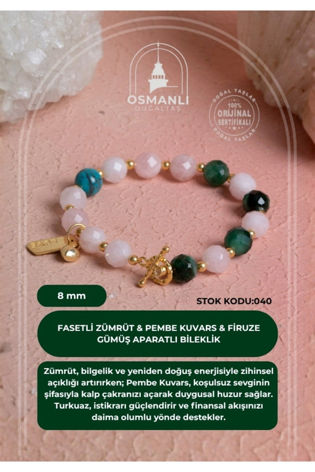 Fasetli Zümrüt & Pembe Kuvars & Firuze  Gümüş Aparatlı Bileklik SK:040