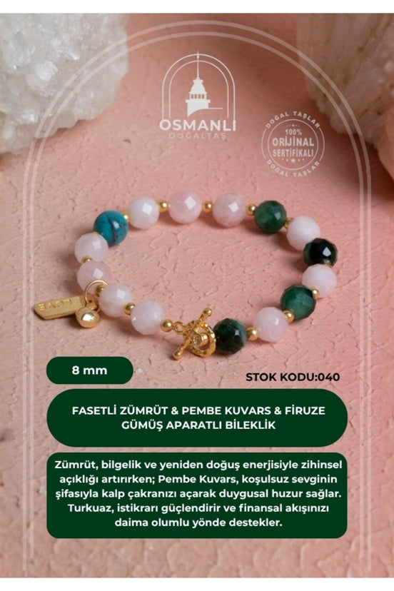 Fasetli Zümrüt & Pembe Kuvars & Firuze  Gümüş Aparatlı Bileklik SK:040