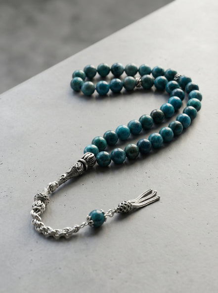 Apatit Doğal Taş Tesbih – 925 Ayar Gümüş – 8 mm Küre Kesim